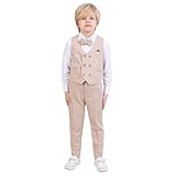 Vest Suit for Boys | 4-Piece Set Shirt, Pants, Vest, and Bow Tie | Party and Formal Wear for Boys Aged 1-13 Years (UK, Age, 6 Years, 7 Years, Regular, Beige I)