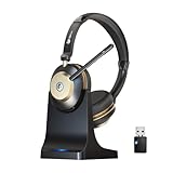Wireless Headset, Bluetooth Headset With Microphone Noise Canceling & USB Dongle, On Ear Headphones with Charging Dock & 50hrs Working Time for Computer/Mobile Phones/Ms Teams/Skype/Zoom/Office