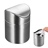 Mini Desktop Bin with Lid, 2L Small Bathroom Bin with Lid, Desktop Trash Can with Lid Stainless Steel Desktop Trash Bin for Home, Office, Vanity Tabletop, Silver (12×12×16cm)