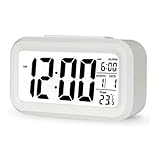 DTL Digital Alarm Clock LED Display with Temperature Big LCD Digit Display Larger LCD Backlit Display Snooze Smart Brightness Sensor for Bedroom Home Office and Travel (White)