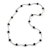 Avalaya Jet Black Glass Bead Necklace In Silver Tone Metal - 66cm L