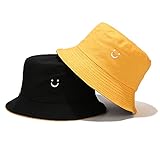 Umeepar Reversible Smile Face Embroidered Bucket Hat 2 in 1 Packable Beach Sun Hat for Women Men (UK, Alpha, One Size, Yellow/Black)