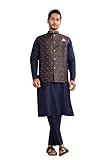 Indian Royal Ethnic Engagement Wedding Wear Casual Party Kurta Pyjama With Nehru Jacket for Men's, Navy Blue & Gold, 36