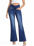 VX VONXURY Pull On Flare Jeans for Women, High Waisted Stretchy Tummy Control Bootcut Pants Crossover V-Waist Denim Bell Bottom Skinny Jeggings for Work Yoga Daily Dark Blue