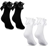 Geyoga 2 Pairs Frilly Socks Women Ruffle Ankle Socks White Black Velvet Nylon Ballet with Bows Lace Top Princess Style for Women Ladies Adult Costume Halloween Party Supplies