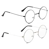 YICHENGTIANXIA Metal Frame Round Glasses Vintage Metal Clear Lens Glasses, Unisex, Black, Silver, (2 Pairs)
