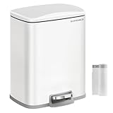 SONGMICS Kitchen, 5.2-Gallon (20 L) Pedal, Trash Bin, Soft-Close Lid, Stays Open, Inner Bucket, Includes 15 Rubbish Bags, Cloud White LTB543W01, 34.1 x 31.9 x 41.8 cm