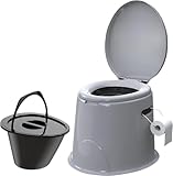 Lightweight and Portable 5L Camping Toilet with Seat, Lid, Handles Washable Basket and Roll Holder Compact Potty Loo Waste for Indoor and Outdoor Loo Caravan Picnic Pool Party and Festivals Grey