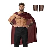 maxToonrain Men's Spartan Warrior Costume with 2 Pcs Wristbands Greek Roman Gladiator Soldier Cloak Historic Fancy Dress for Halloween Christmas Larp World Book Day (Dark Red, 108CM)
