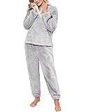 RITOSTA Women's Pyjama Set - Winter Fluffy Fleece Warm Soft Long Sleeves (Grey, L)