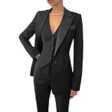 Women's 3 Piece Suit Set Notch Lapel Long Sleeve Blazer Jacket Vest and Pants Formal Business Tuxedo Suits for Evening Party, Black, 16
