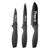 MasterChef Kitchen Knives Set of 3 for Cooking - Chef Knife, Paring Knife & Utility Knife with Professional Sharp Stainless Steel, Non Stick Coated Blades & Soft Touch Handles for Easy Grip, Black