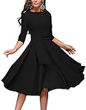 Women's Elegance Audrey Hepburn Style Ruched Dress Round Neck 3/4 Sleeve Sleeveless Swing Midi A-line Dresses with Pockets - - Large