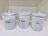 Set of 3 Grey Coffee, Tea & Sugar Canister Crown Lid Ceramic Marble Effect Storage Jars with Silver Crown Lids – Stylish Kitchen Canisters for Modern & Traditional Homes 15x10cm