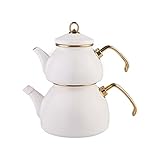 Karaca Retro Enamel Teapot Set, Titanium, Tea Infuser 1.1 L - 2.4 lb, Water Pot 2.3 L - 5.1 lb, Cream, Suitable for Induction, Kettle, Turkish Tea Kettle