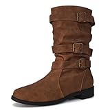 Dernolsea Mid Calf Boots Women Pull On Flat Slouch Boots Ladies Buckle Pixie Boots Tan Size 6