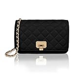 Ladies Shoulder Bag Small Flap Crossbody Bags, Quilted Designer Handbags Black Evening Clutch PU Leather Mobile Phone Bags with Chain Strap & Buckle Closure for Banquet Holiday Night Out Daily Life