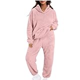NSICBMNO Pink Two Piece Outfit Women Velour Tracksuit Full Set Fleece Hoodie Baggy Joggers Winter Lounge Sets Sweatsuits Oversized Sweatshirts Fluffy Trousers Casual Co Ord Sets Airport Outfits