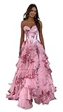 BITYIO Chiffon Floral Prom Dress for Women Strapless Tiered Long Ball Gown Sweetheart Formal Evening Gowns Pageant Dress Pink