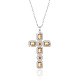 Linawe Citrine Cross Charm Necklace for Women Trendy, Silver Chain Cross Pendant Necklace, Yellow Moissanite Crystal Imitation Diamond Birthstone Cute Jewellery, Catholic Religious Gifts Mom