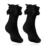Geyoga Frilly Socks Women Opaque Ruffle Lace with Bow Girls Ankle School Rich Frilly Lace Princess Dress Socks(Black)