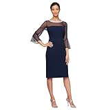 Alex Evenings Women's Short Shift Cocktail Dress with Embellished Illusion Detail, Wedding Guest (Petite and Regular Sizes), Navy, 14