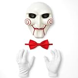 Lizzy Adult Scary Clown Puppet Costume Accessories – Horror Jigsaw Mask with White Gloves & Red Bow Tie – Creepy Halloween Fancy Dress Set for Horror Parties, Cosplay & Haunted Events