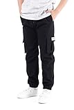 NATUST Boys Cargo Trousers Kids Elastic Waist Joggers Multi Pockets Casual Pants Black 13-14 Years