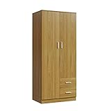 Wooden 2 Door 2 Drawer Wardrobe with Shelf and Hanging Rail Modern Clothes Storage Cupboards Unit for Bedroom Furniture W 77 * D 50 * H 180cm (Oak Effect)
