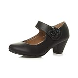 Ajvani Womens Ladies mid Chunky Heel Mary Jane Flower Padded Comfort Shoes, Black, 7 UK