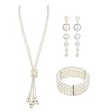 MIVAIUN 3-Piece Faux Pearl Set: Long Dangle Earrings, 4 Row Stretch Bracelet, 1920s Pearl Necklace - Perfect for 1920s Theme Parties, Weddings & Festivals