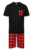 Mens Short Pyjamas PJ Set Premium Sleep Lounge Tartan Plaid Nightwear M-XXL New (PP Plaid Blk Red XL)
