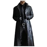 Men's Trench Coat, Solid Color Pu Leather Full Length Windbreaker Gothic Faux Leather Steampunk Overcoat Casual Outwear Lapel Windproof Motorcycle Button Up Long Trench Coat for Winter