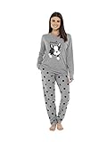 Daisy Dreamer Pyjama Set Women's Bear & Frenchie Cotton Jersey Pyjamas Lounge Wear Long Sleeve Grey PJs, Medium (UK 12-14), Frenchie