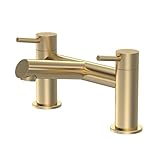 Balterley Bath Filler Tap, Deck Mounted Bathroom Tap Mixer Filler with Twin Round Lever Handles, Cylindrical Bridge Waterfall Spout Bathroom Taps, Durable Waterfall Bath Mixer Taps (Brushed Brass)