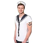 Mens Sailor Set Fancy Dress Accessory - Pack of 1 - Unisex Set Sailor Doughboy Hat with Gold Embroidered Anchor + Navy & White Scarf - Nautical Marine Navy Outfit