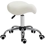 HOMCOM Cosmetic Stool 360° Rotate Height Adjustable Salon Massage Spa Chair Hydraulic Rolling Faux Leather Saddle Stool Mobility, Cream