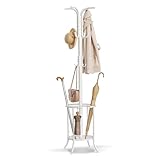 SONGMICS Coat Rack Freestanding, Coat Stand with Umbrella Holder, 12 Hooks, Metal, 175 cm Tall, for Entryway, Hallway, Living Room, Bedroom, Pearl White RCR011W01