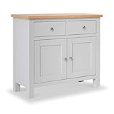 RoselandFurniture Farrow Grey Small Sideboard for Living Room | Fully Assembled Painted Storage Cabinet Solid Wood 2 Door Cupboard with 2 Drawers and Oak Top for Kitchen, Dining Room or Hallway