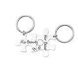 BCughia Funny Keyring, Mens Keyrings Stainless Steel 34x34mm Keyring with Engraving His Beauty her Beast for Thanksgiving Day Gift