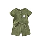 XIXIMAON Toddler Baby Boy Summer Outfits Pocket Short Sleeve Button Up T-Shirt Solid Color Elastic Waist Shorts 2pcs Infant Cotton Linen Clothes Set (Army Green, 12-18 Months)