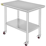 VEVOR Stainless Steel Catering Work Table 35x24 Inch Commercial Work Table with 4 Wheels Commercial Food Prep Workbench with Flexible Adjustment Shelf