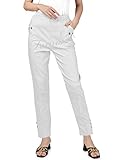 femiss Womens Trousers Elasticated High Waist Relax Fit Ladies Full Length Casual Everyday Soft Stretchy Lightweight Pants (White-T3)