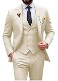 Mens Suit Slim Fit 3 Piece Double Breasted Suit Men Formal Tuxedo Set Casual Wedding Prom Groom Suits, Cream, M