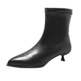 Women's Pointed Toe Ankle Boots, Black Leather, Kitten Heel Boots Sewing Solid Flat with Shoes Features: Women (Black, 7.5)