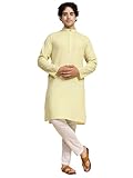 SKAVIJ Men's Pure Cotton Solid Kurta Pajama Set Mandarin Collar Daily Wear Casual Yoga Dress (KP022lemon_Lemon_S)