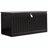 Olsen & Smith 270L Sit-On Garden Storage Box – Weatherproof Outdoor Plastic Shed Seat with Padlock, Lockable Wood Effect Chest for Patio, Deck, and Garage (Black, 270 Litre)