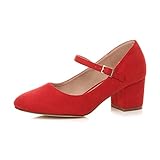 AJVANI Womens Ladies mid Block Heel Strap Work Evening Party Mary Jane Court Shoes Size 7 40 Red Suede
