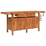 vidaXL Solid Acacia Wood Workbench with Integrated Storage Drawers - Durable Workshop Station with Large Work Surface and Vices