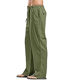 YAOHUOLE Men's Solid Colors Linen Pants Relaxed Fit Casual Pants Straight Legs Trousers Army Green L